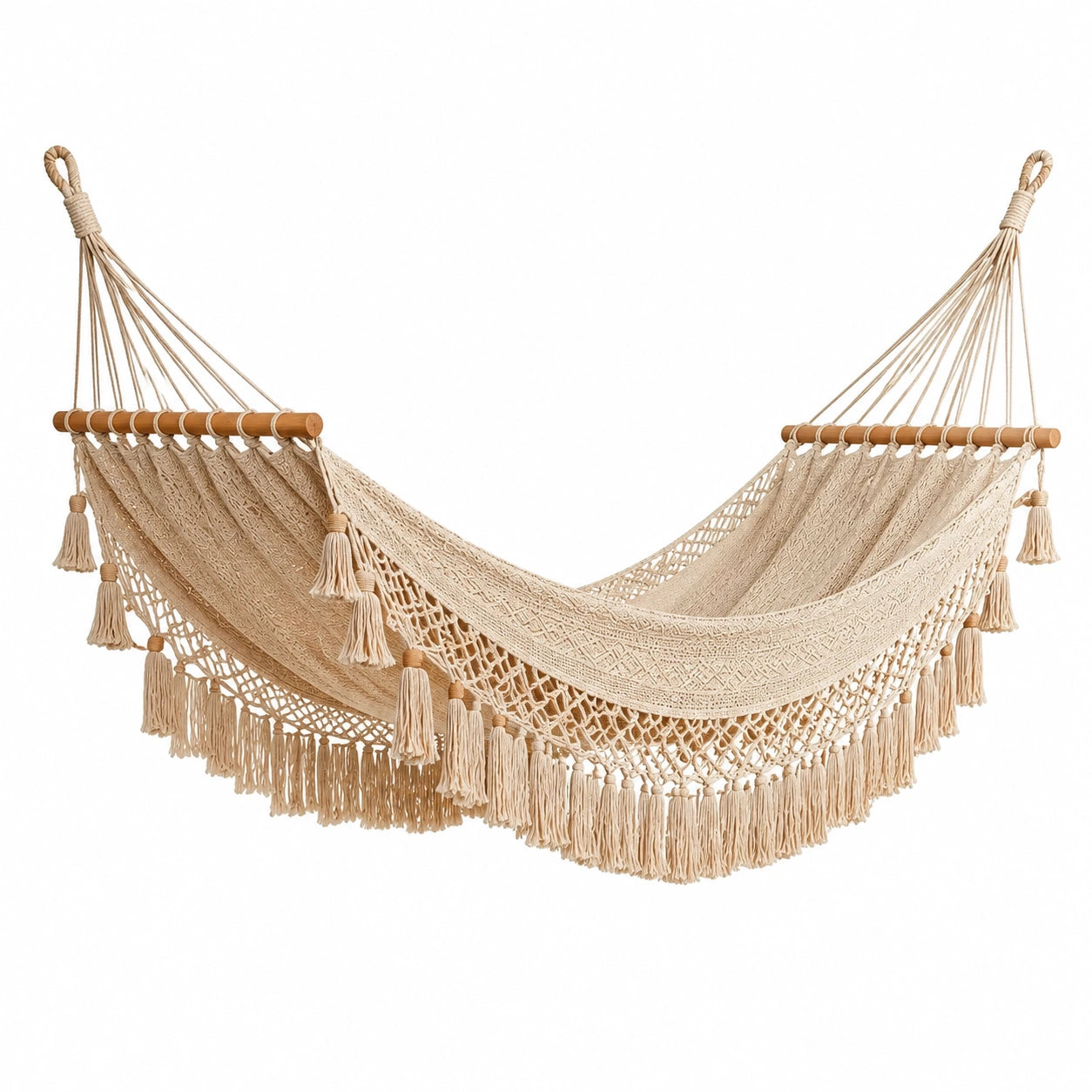 Amaca in cotone beige con frange intrecciate