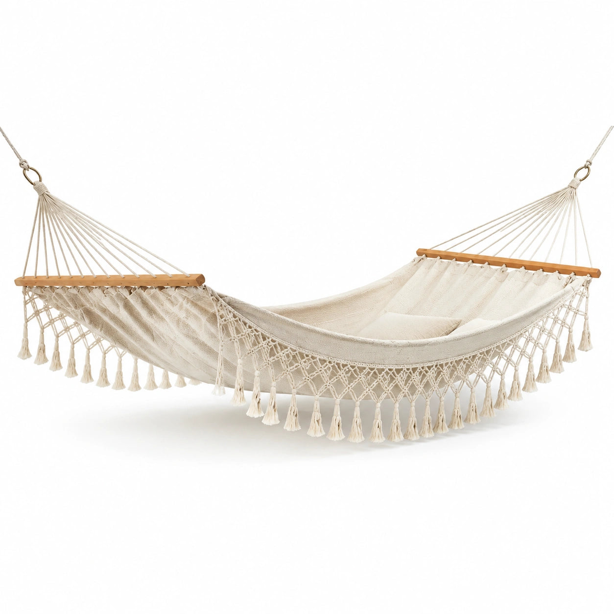 Amaca in Cotone Crema con Frange e Barre in Legno