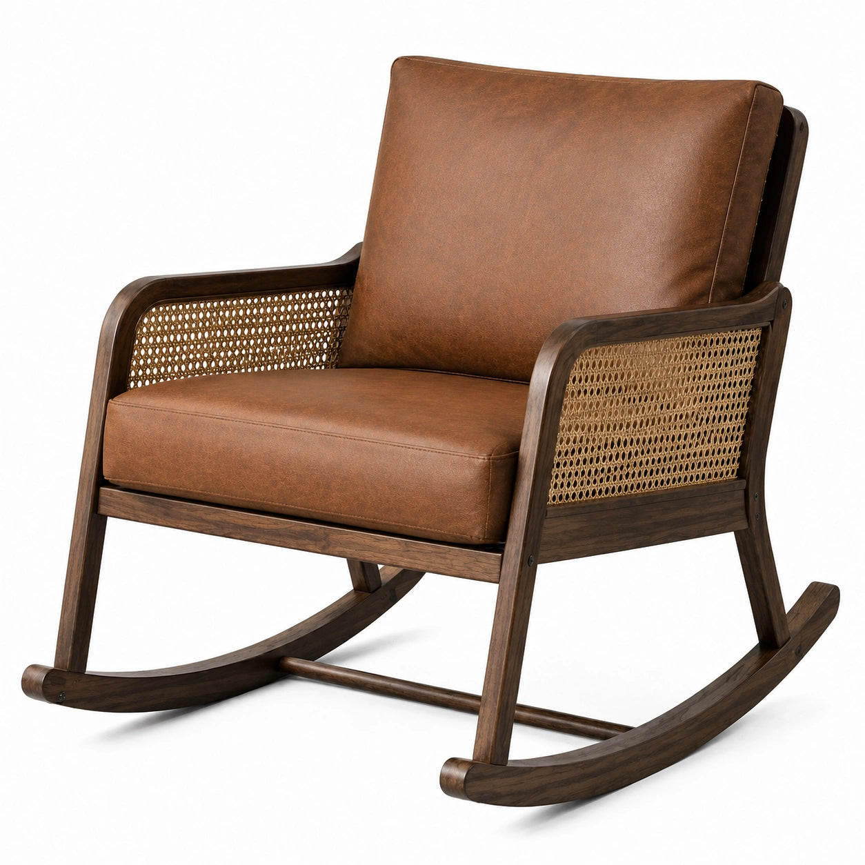 Sedia a dondolo in legno e rattan con seduta in similpelle marrone