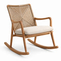 Sedia a dondolo in legno di teak e corda con seduta in cotone crema