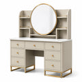 Tavolo da Toeletta in Legno con Specchio Rotondo e 6 Cassetti Beige Oro