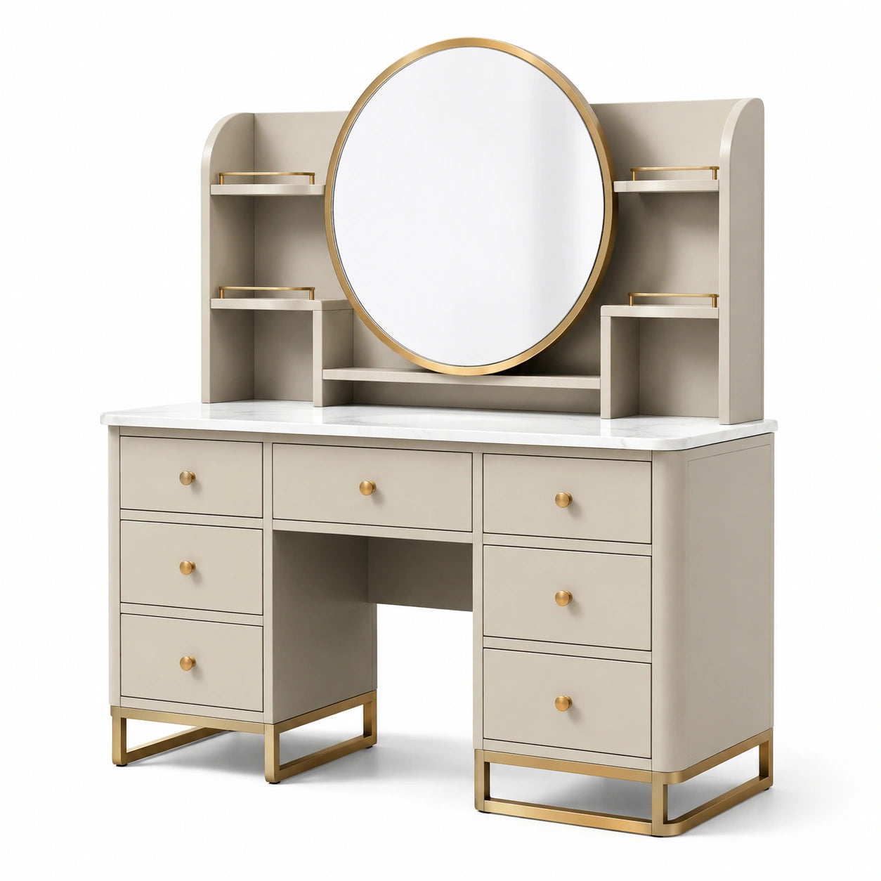 Tavolo da Toeletta in Legno con Specchio Rotondo e 6 Cassetti Beige Oro