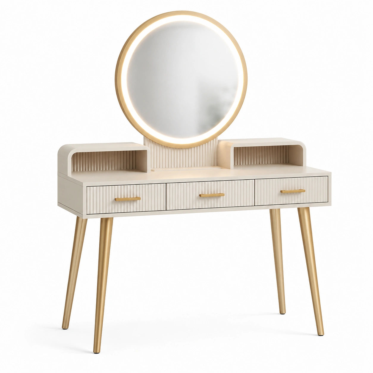 Tavolo da Toeletta in Legno con Specchio LED e Gambe in Metallo Dorato