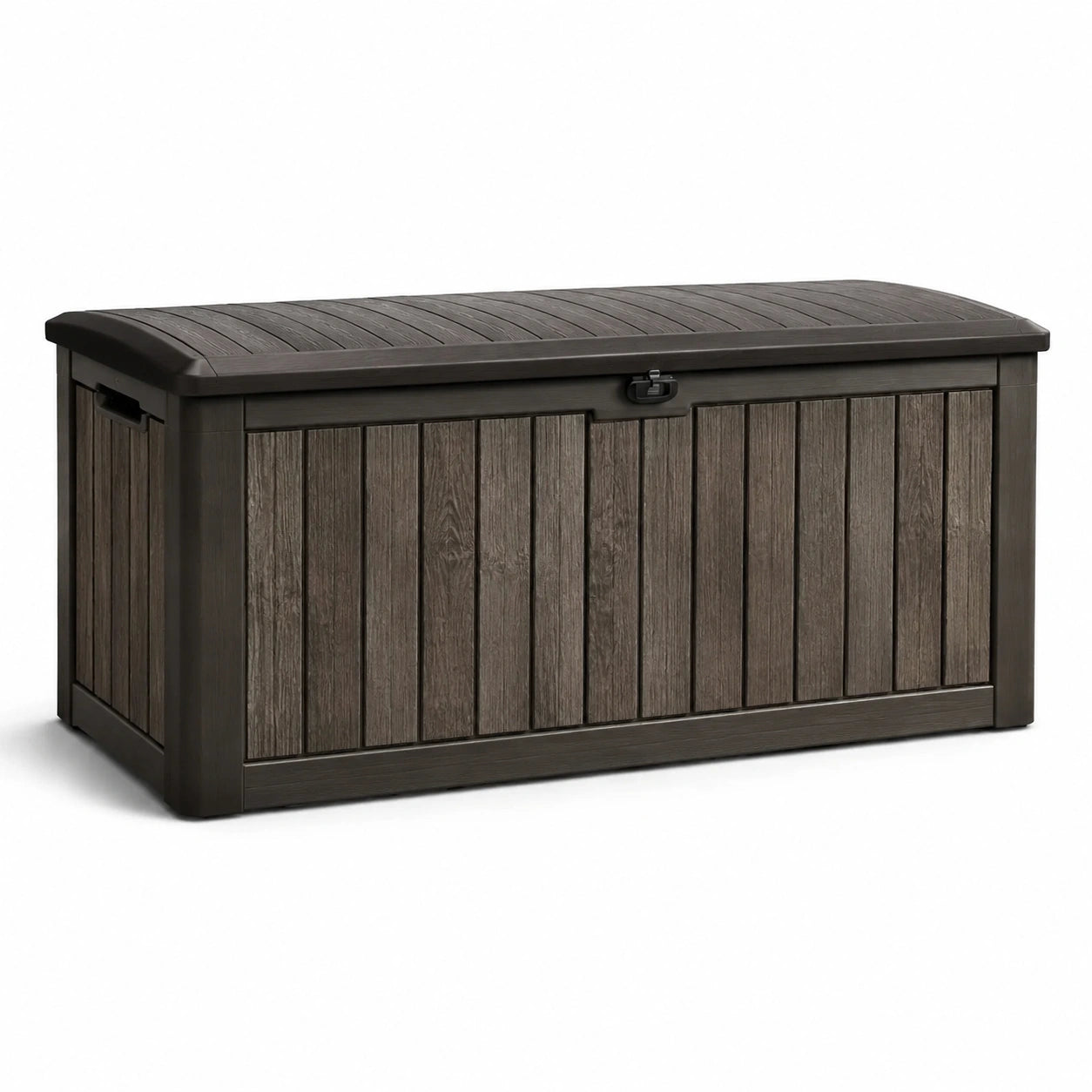 Baule da giardino in resina effetto legno, 120x45x60 cm, marrone scuro