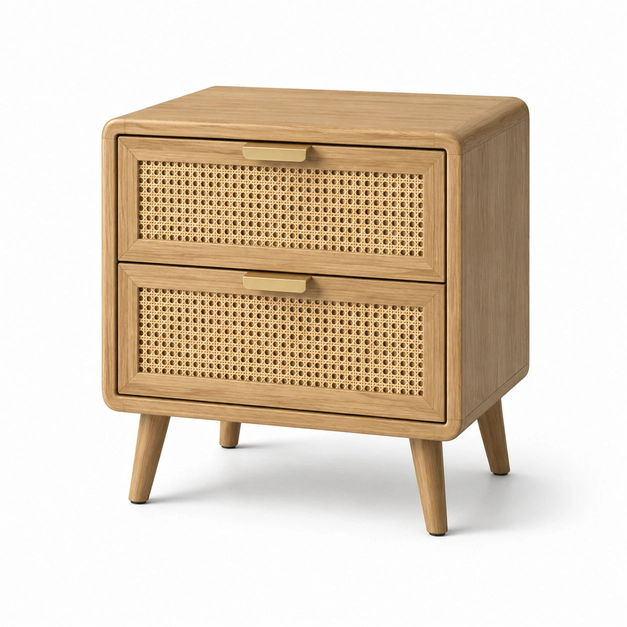 Comodino a 2 cassetti in legno e rattan