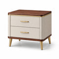 Comodino in legno e pelle sintetica beige con maniglie in metallo dorato
