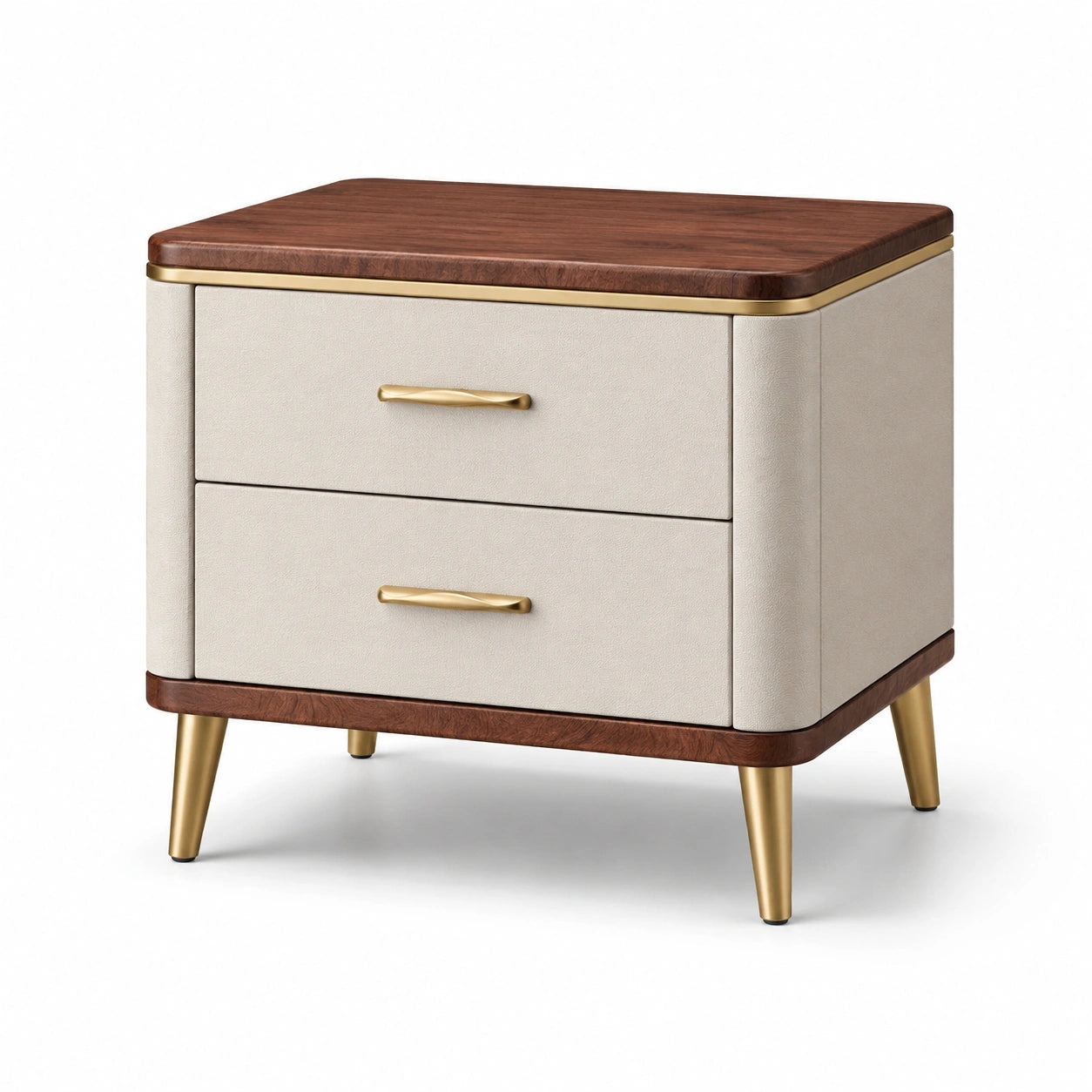 Comodino in legno e pelle sintetica beige con maniglie in metallo dorato