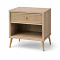 Comodino in Legno con Cassetto in Rattan e Gambe in Metallo Dorato, 60x45x35 cm