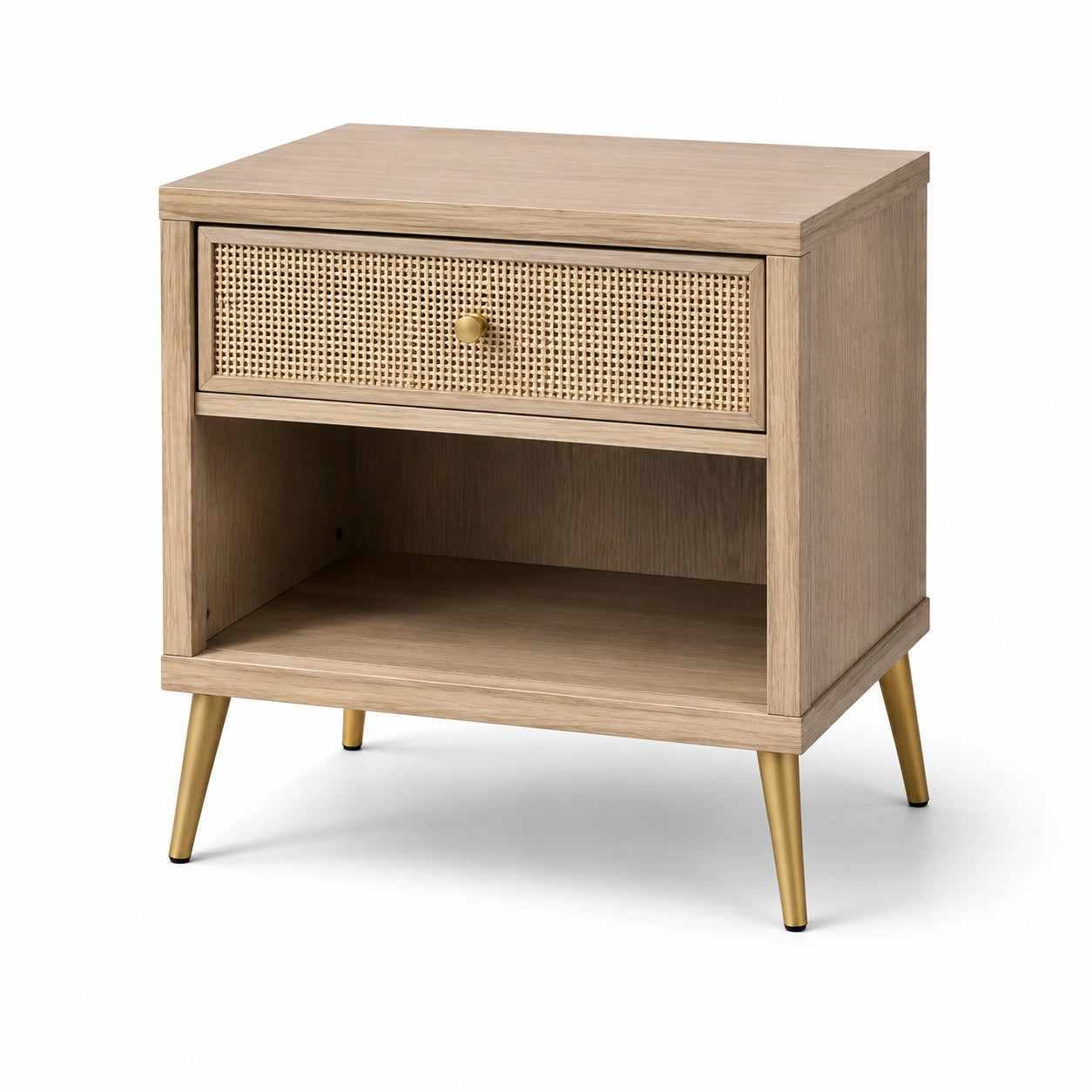 Comodino in Legno con Cassetto in Rattan e Gambe in Metallo Dorato, 60x45x35 cm