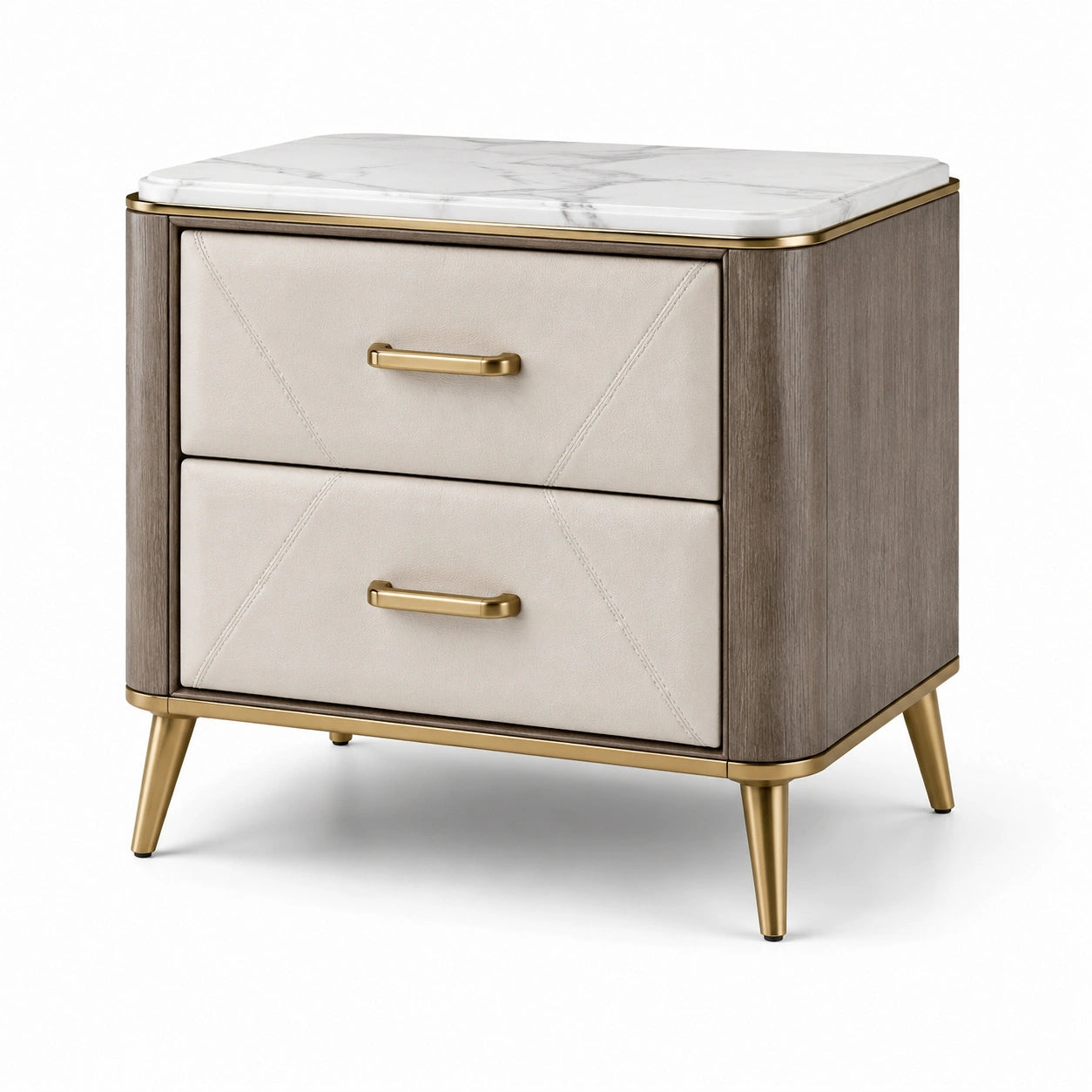 Comodino in legno con 2 cassetti e top in marmo bianco