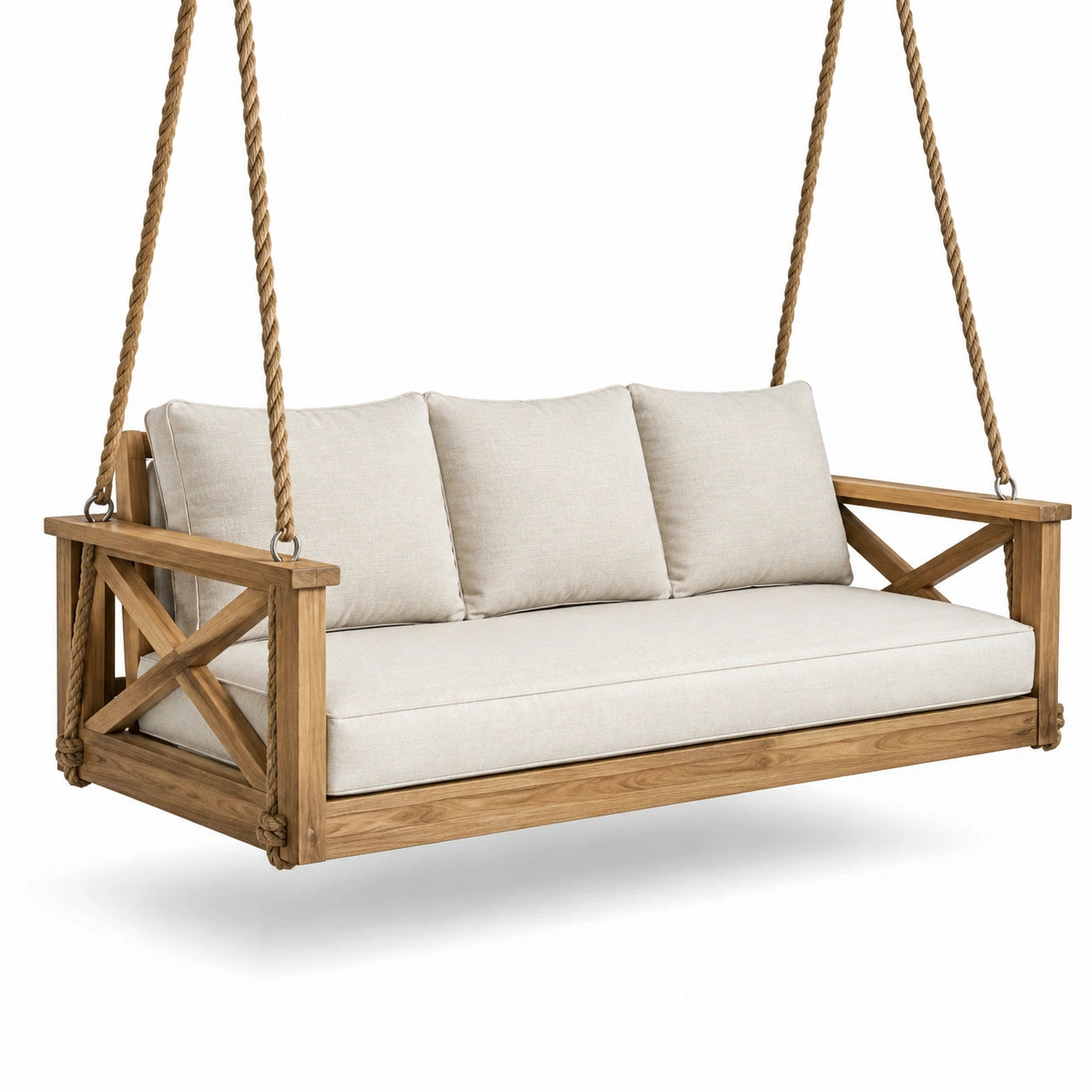 Dondolo da Veranda in Legno di Teak con Cuscini Beige