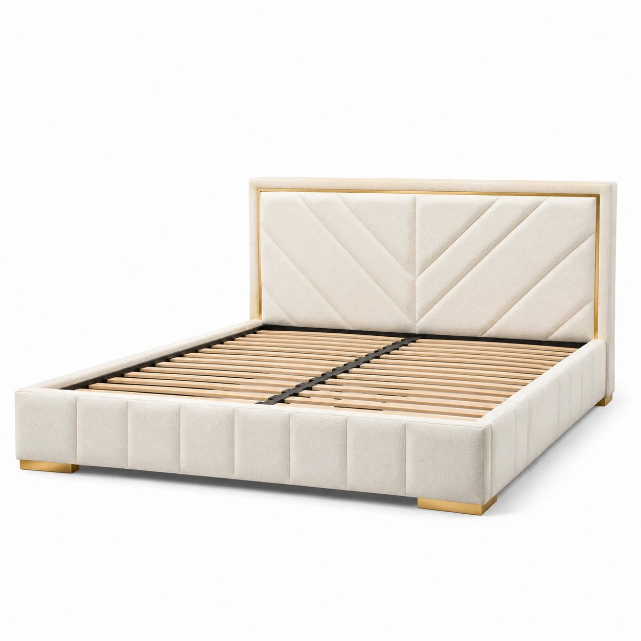 Letto matrimoniale in velluto beige con dettagli dorati 160x200 cm