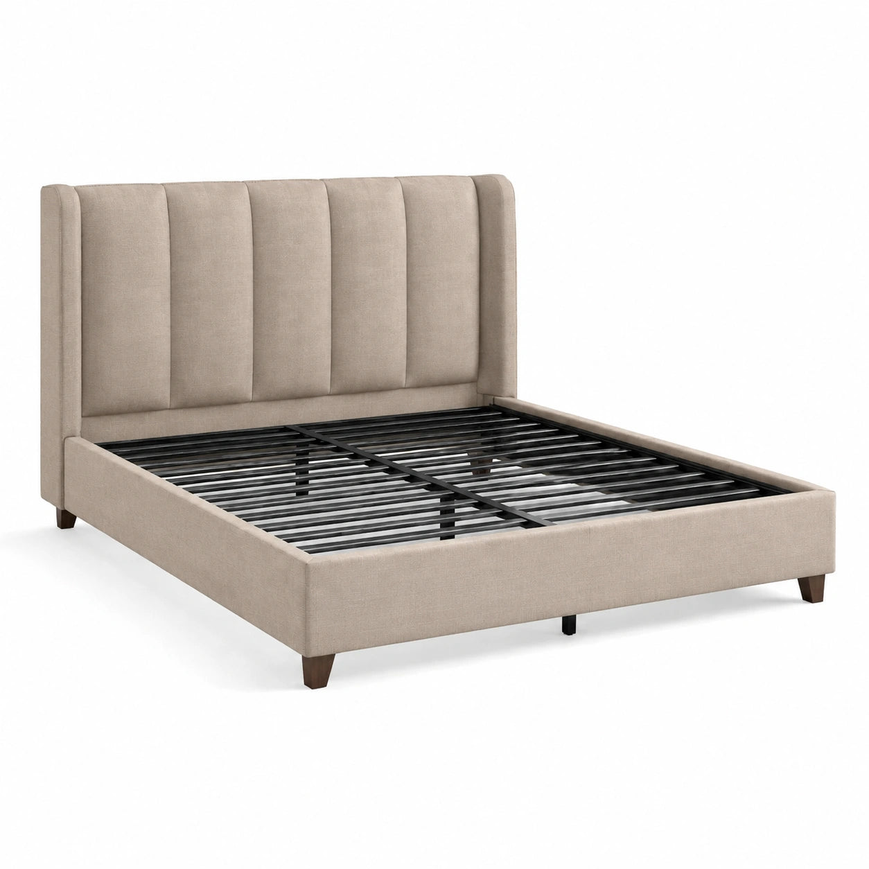 Letto matrimoniale in tessuto beige con testiera imbottita