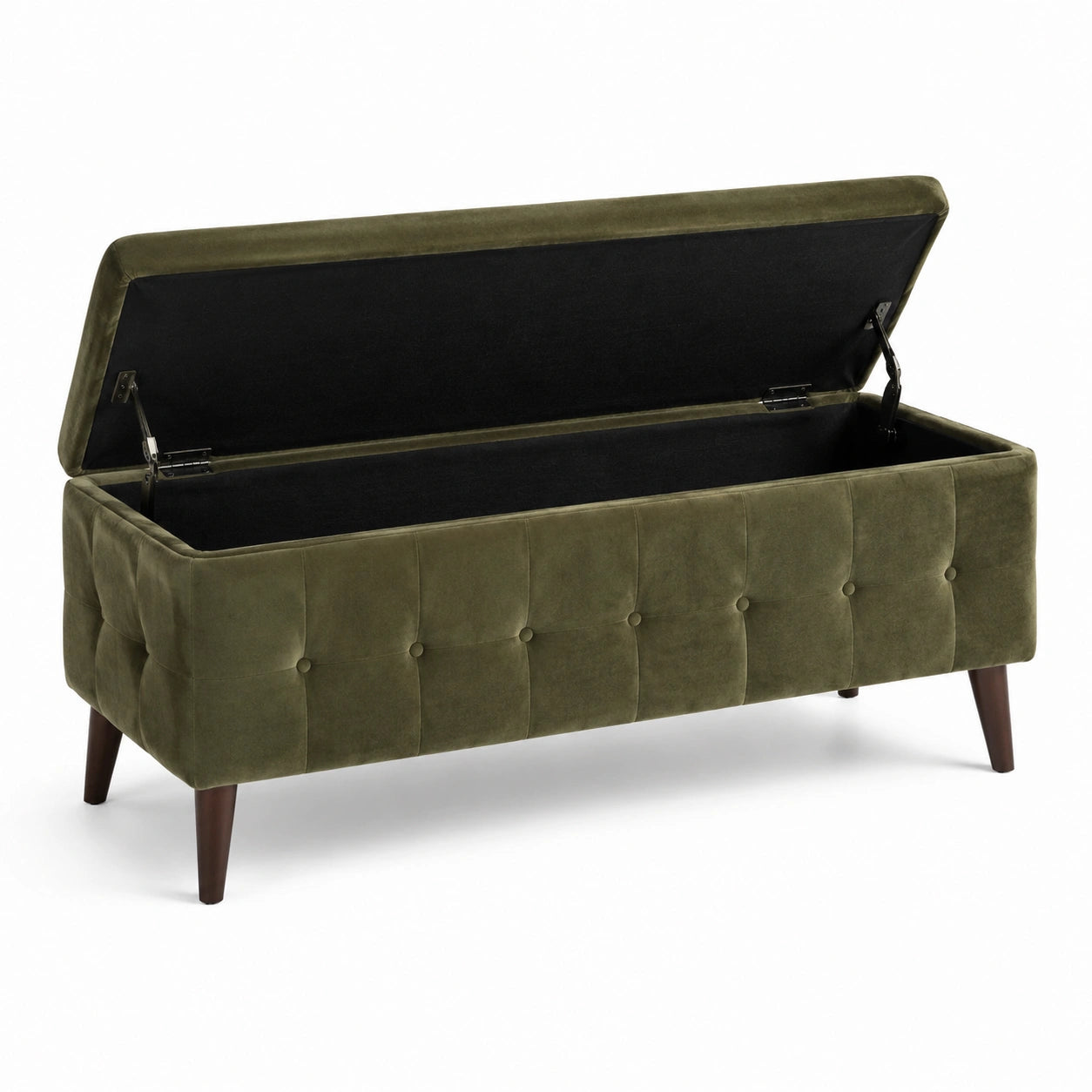 Panca contenitore in velluto con gambe in legno verde oliva