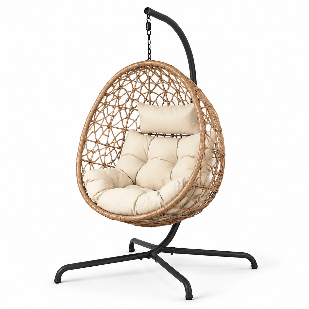 Poltrona sospesa in rattan con cuscino beige e struttura in metallo nero
