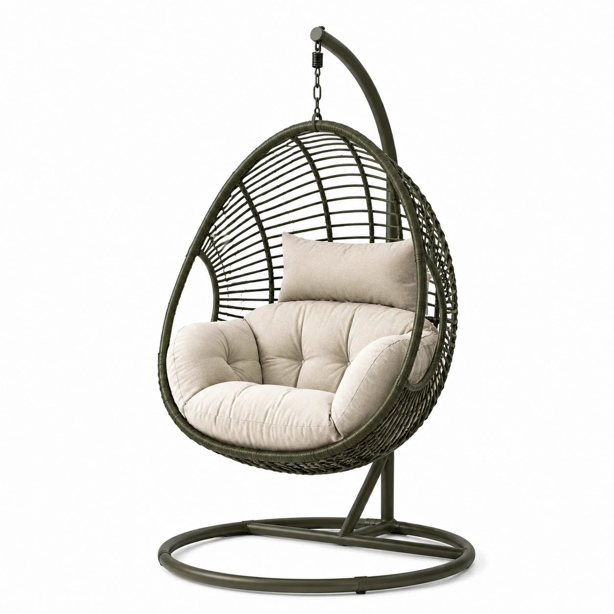 Poltrona sospesa in rattan sintetico e acciaio verde con cuscino in poliestere beige