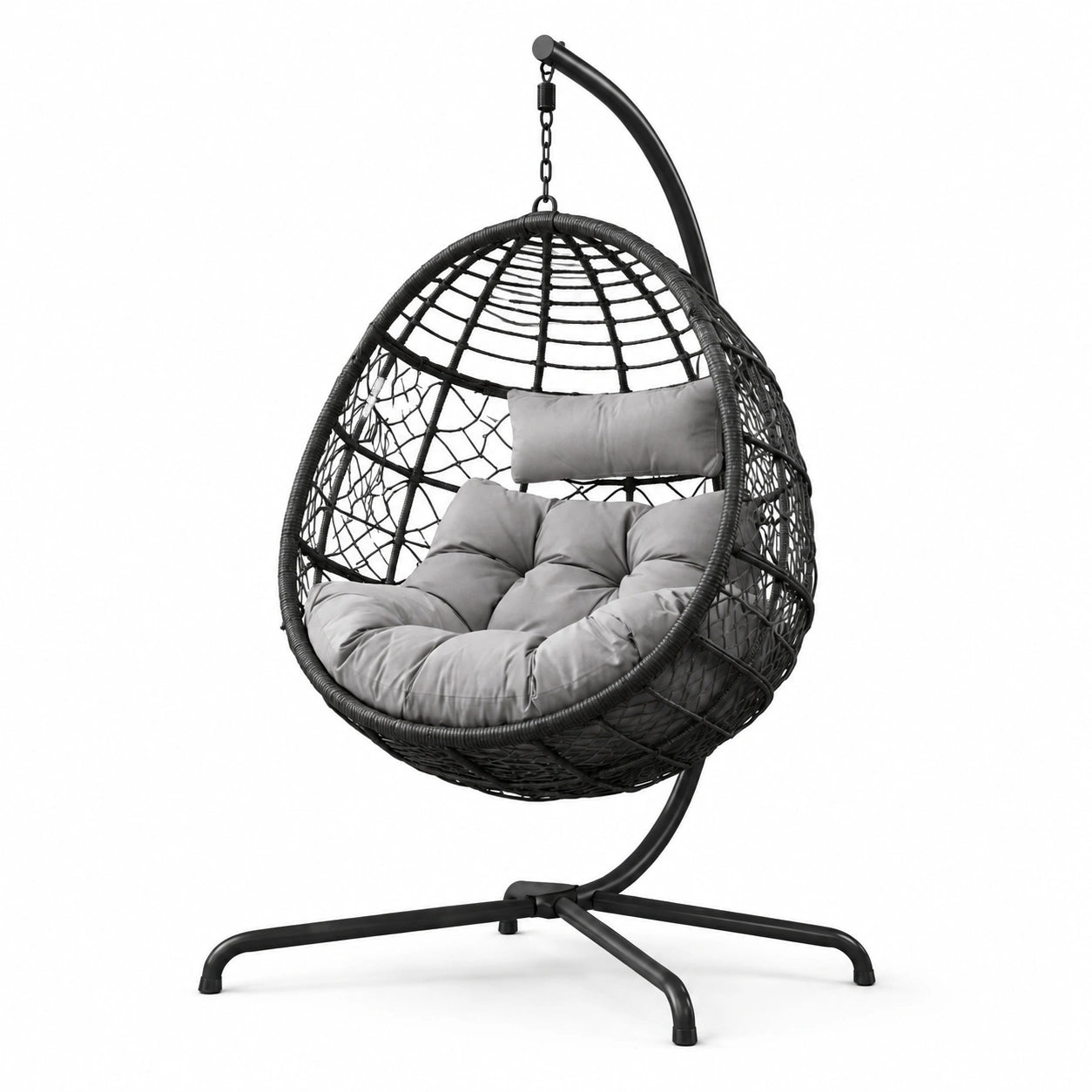 Sedia sospesa in rattan sintetico nero con cuscini in poliestere grigi e struttura in metallo